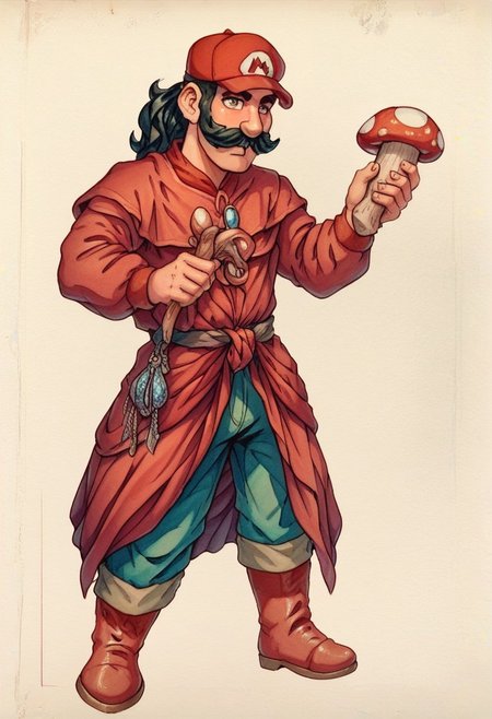 score_9, score_8_up, score_7_up, oblivionarts, mario the plumber, red hat, red outfit, thick mustache, dark hair, large nose, holding mushroom, simple background, traditional art, medieval aesthetic,