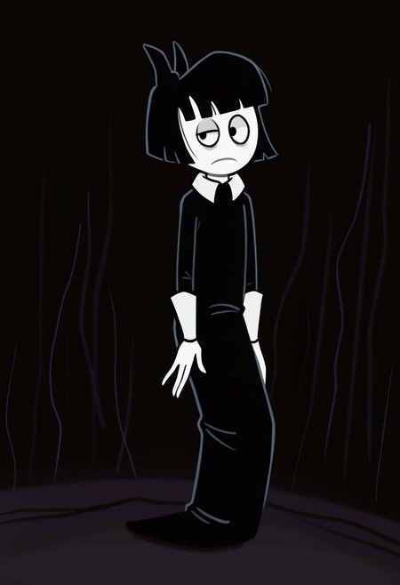CrepSuc, 1girl, pale white skin, black hair, bob_cut, black eyes, lazy_eye, black hair_bow, white collar, black long_dress, white_wrist_cuffs, parody, cartoon, source_cartoon, staring at viewer, dark background, full body,