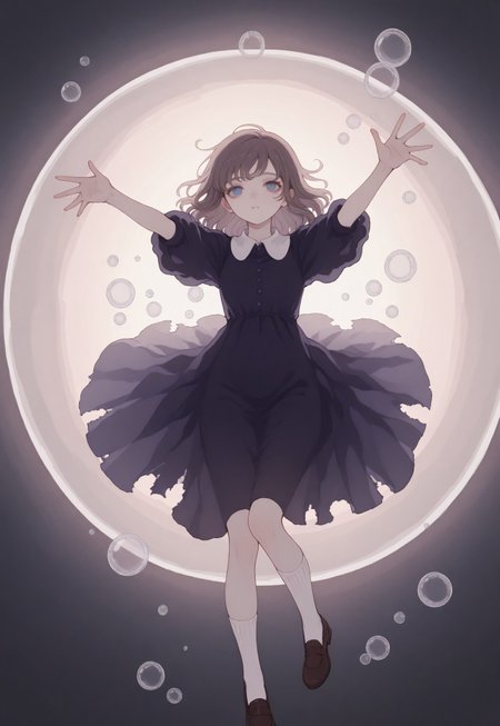 solo, ethereal, detailed, contemplative, from above, 

void, 

falling, on back, bubbles, reaching out, raised arms, raised legs, 


1girl, very pale, brown medium hair, purplish hair, blue eyes, dark purple dress, collared_dress, white_collar, torn dress, brown shoes, white socks, mary_jane shoes, 

(748cmstyle:1.3), 

masterpiece,best quality,amazing quality, detailed, 
