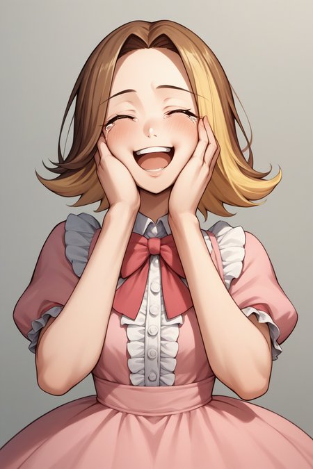 score_9, score_8_up, 1girl, solo, source_anime,  <lora:zs_YumiXL:1>: yumiif, multicolored hair, blonde hair, brown hair, pink dress, frills, puffy sleeves, short sleeves, bowtie, happy, tears of joy, hands on cheeks