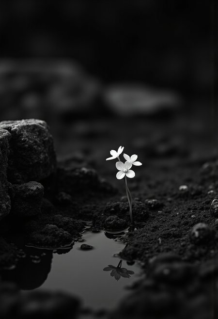 Close up infrared image, black and white, monochrome, macrophotography photo of a small glowing white flower on an all black plant, the plant is alone and growing on a small alien rocky barren asteroid next to a tiny puddle of water, the glowing flower reflecting slight colors in the small puddle
