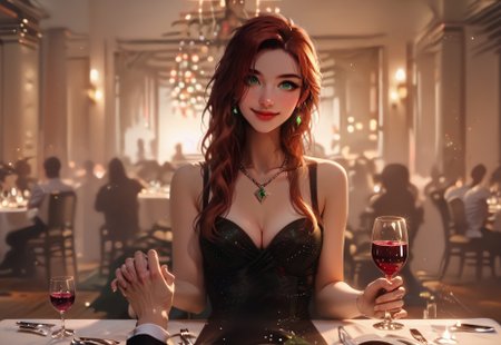 safe_pos, digital art, Score_9_up, score_8_up, score_7_up, realism, highly detailed, detailed face, masterpiece, high res, hi-res, sharp focus, 

dim lighting, g0th1c,  mad-neon-noir,  noir, (1 girl), sitting in an expensive restaurant, (at a table), (looking at viewer),  (pov holding hand), holding wine glass, wine glass, sexy eyes, smile, 25 years old, Anna_Rice, night, long hair, auburn hair, green eyes, medium bust, black evening gown, cleavage, necklace, bare arms, necklace, diamond earrings, blurry background

