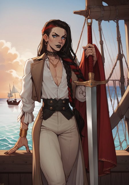 score_9, score_8_up, score_8. score_9, score_8_up, score_7_up, masterpiece, 4k, ExpressiveH, SimpleNegativeV3, OverallDetail, anime, 

dynamic lighting, cinematic lightning, outdoors, pirate ship, wooden ship, thick mast, sails, ocean, alone, solo, sword, cutlass, pirate sword, holding sword,

BREAK,

1boy Gilly, pirate, mature, 6 foot tall, femboy, standing, pale skin, scars, long black hair, straight black hair, very long hair, braided hair, loose hair, red highlights, red highlights, blue eyes, perfect eyes, thin lips, black lips, effortlessly cool, sassy, pointy black nails, petite, athletic, flat chest, big ass, thick thighs,

BREAK,

Choker, gold rings, pirate rings, gold necklace, gold bracelets, gold jewelry, red long coat, white opened shirt, white unbuttoned shirt, dark brown pants, holding sword,
