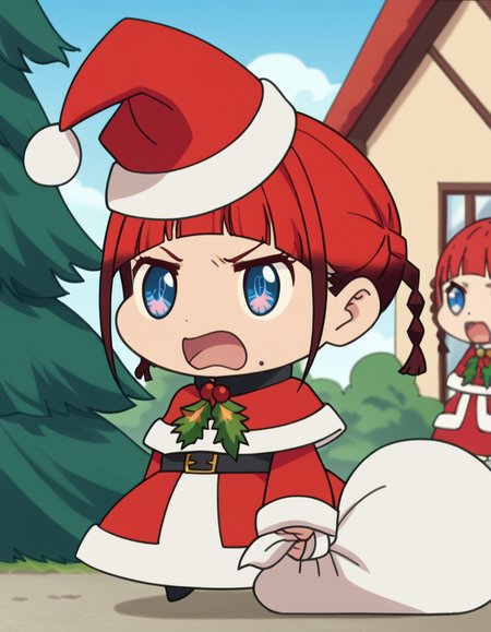 score_9, score_8_up, score_7_up, source_anime, <lora:chise-asukagawa-s1-ponyxl-lora-nochekaiser:1>, chise asukagawa, short hair, blue eyes, braid, red hair, multicolored hair, mole, twin braids, gradient hair, mole under mouth, anime screencap,, <lora:padoru-ponyxl-lora-nochekaiser:1>, padoru, padoru (meme), holding sack, sack, santa hat, meme, christmas, open mouth, chibi, red capelet, santa dress, capelet, fur-trimmed headwear,, , dutch angle, cowboy shot