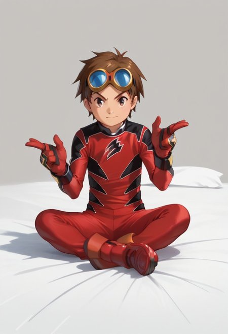 score_9, score_8_up, score_7_up, zPDXL2, 
1boy, solo, goggles on head, brown hair, 
,sitting on bed,
geki red, red bodysuit, black markings,   red gloves, red boots,
