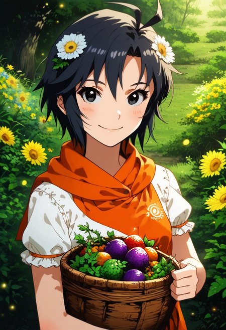 (zPDXL2), score_9, score_8_up, score_7_up, score_6_up, source_anime, <lora:Worldly_XL:1> volumetric lighting, warm colors, motion effects, best quality, wallpaper art, looking at viewer, woods, flowers, insects
1girl, solo, 18 year old, Little Red Riding Hood on a path in the woods, holding basket with berries, delicate and smooth skin, cleavage, shy smile, eyes open, low cut, 
<lora:KikuchiMakoto_pony_v1:0.9> kkcmkt, short hair, black hair, antenna hair, hair between eyes, black eyes, flat chest,  small breasts, 
Expressiveh,  <lora:c0l0urc0r3XLP2:0.40> c0l0urc0r3, cute, bright colours, candy, <lora:RELSM_v1:0.90> <lora:[GP] somethingweirdv1 [Pony XL]:0.20>