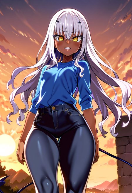 1 girl, Melusine, Fate Grand Order, alone, smile, small breasts, gray hair, hair between eyes, yellow eyes, bangs, long hair, sunset, sunset, beautiful, masterpiece, simple background, best quality, detailed image, detailed face, perfect lighting, perfect shadows, perfect eyes, perfect hair, perfect butt, painted lips, big thighs, thick thighs, perfect thighs, sun tan, dark skin, tan skin, casual wear, tight jeans, white and blue t-shirt, short demon tail, full body, asanagi style