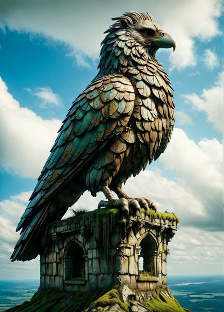 An ais-trnshd griffin perched atop a crumbling, moss-covered castle tower <lora:ais-trnshd-sdxl:1>