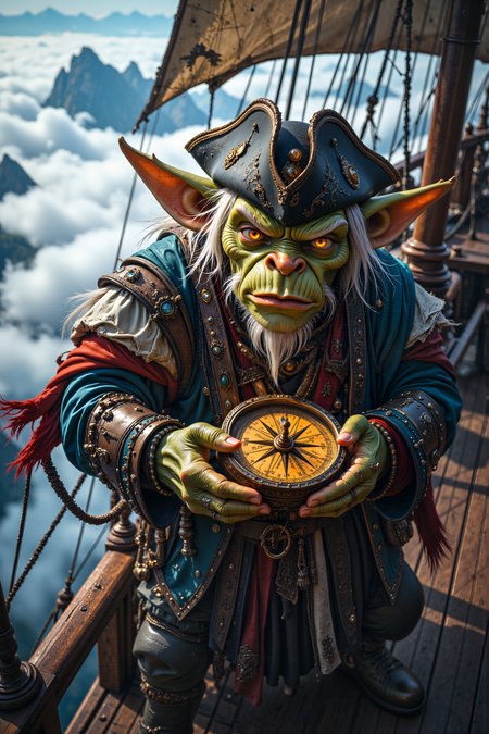 A hyper-realistic portrait, photorealistic photo close-up image of An elderly goblin man with wrinkled, green skin and wispy white hair stands on the deck of a massive, wooden airship floating high above a sea of clouds. He is dressed in a patchwork suit made from various pieces of scavenged armor and cloth, with a large, battered tricorn hat perched on his head. In his hands, he holds a strange, glowing compass that spins wildly, its needle pointing in every direction at once. The airship creaks and groans as it sails through the clouds, its tattered sails flapping in the wind. The sea of clouds below is vast and endless, with distant mountain peaks occasionally breaking through the mist. The goblinâs strange clothing and the mysterious, malfunctioning compass in his hands create an image of a seasoned sky pirate, a figure who has navigated the treacherous skies for decades and holds the secrets to the uncharted realms above the clouds. (photography, high-resolution, dynamic, energetic,hyper-realistic, dramatic lighting, shallow depth of field.), detailmaximizer, MythP0rt<lora:midjourney_whisper_flux_lora_v01:0.55><lora:aidmaMJ6.1-FLUX-V0.1:0.4><lora:FluxMythP0rtr4itStyle:0.4><lora:detailed_flux_ntc:2.2><lora:aidmaImageUpgrader-FLUX-V0.1:0.65>