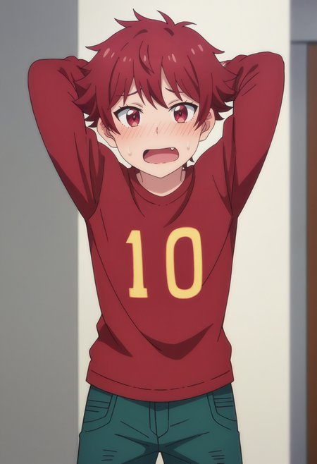 score_9, score_8_up, score_7_up, source_anime,anime screencap, anime coloring,intricate details,rating_safe, masterpiece, best quality,
(best quality, absurd res, ultra detailed),1girl, ((solo)), good eyes,perfect eyes,,detailed eyes, zPDXLxxx , zPDXL3,detailed, detailed face, <lora:add-detail-xl:3>,(4 finger)
BREAK
<lora:tomo:0.8>, tomo, 1girl, female child, tomboy, red eyes, red hair, short hair, fang,
red shirt, green shorts,
BREAK
solo, standing, front view,hands behind head,
shy, blush, wavy_mouth, open mouth, sweatdrop, jitome