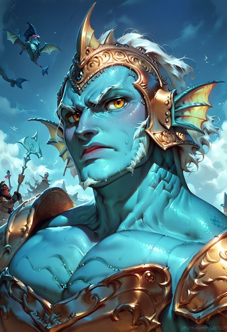 score_9, score_8_up, score_7_up, score_6_up, portrait of a male siren, blue skin, siren, white hair, fins, wearing an acuatic armour, warrior helmet, with a trident, fighting on the sea, stormy sky night time, male focus, male only