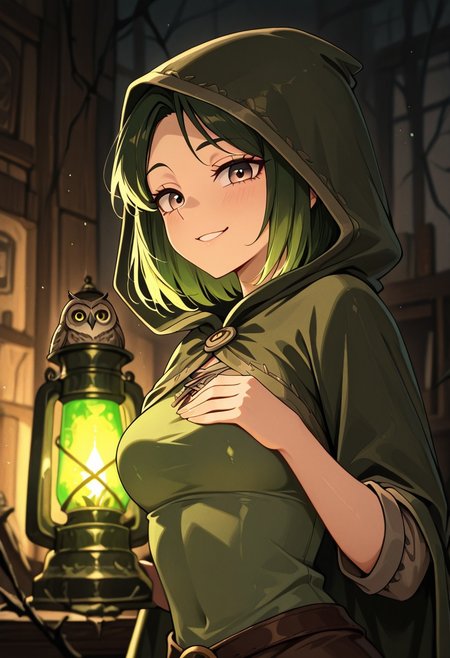 masterpiece, best quality, good quality, very aesthetic, absurdres, newest, 8K, depth of field,  in the style of cknc, artist:moriimee, in the style of cksc, 
1girl, short green hair, tangled, hazel eyes, medium breasts, firm, hooded cloak, glossy skin, picking lock, smirking, looking at viewer, from side
BREAK
twilight forest, mossy ruins, owls hooting
BREAK
dynamic light, green tones, high contrast, twilight glow, rich details, sneaky atmosphere