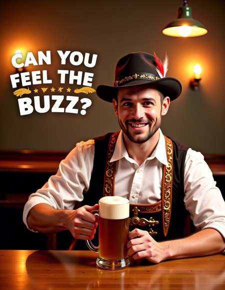 man wearing traditional german attire with a feathered hat holding half-filled glass beer mug sitting behind table in warmly lit german tavern , above him on top of image floating text "Can you feel the Buzz?"