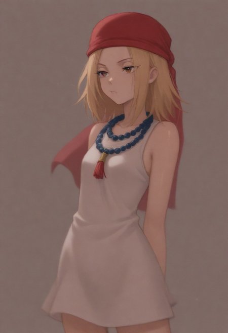 masterpiece, best quality, amazing quality,,, shiny skin,,,,,kojiann, short hair, blonde hair, brown eyes, short dress, sleeveless, bead necklace, red bandana, bracelet, <lora:Anna IXL 2-000013:1>