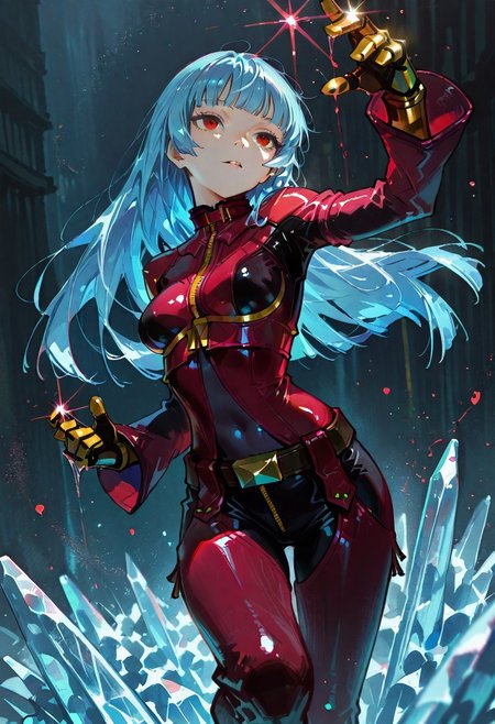 masterpiece, best quality, very aesthetic BREAK dino \(dinoartforame\), horror \(theme\), gritty, faux traditional media, painting \(medium\) BREAK 1girl, solo, kula diamond, 1girl, solo, long hair, blue hair, gloves, breasts, zipper, red eyes, bangs, chaps, red lavender bodysuit,  gloves, gold gloves,  mechanical gloves,belt, covered navel, dynamic pose, ice, ice effects
 <lora:noob05-dinoartforame-jan30v2-step00002464:1>