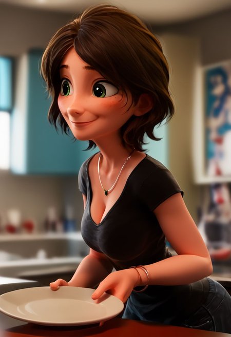 intricate details, score_9, score_8_up, score_7_up, score_6_up, score_5_up, source_anime, <lora:AuntCassBH6Pony1.0:1> auntcass, 1girl, brown hair, short hair, solo, black shirt, blurry background, bent over, taking dishes out of dishwasher, big breasts, side view, turned tward viewer,  <lora:OtherStyle_03:0.5>,  <lora:The_last_of_us_Style:0.3> <lora:pony_good_hands:1> good_hands, better_hands, 3D, cleavage, green eyes, bracelet, holding plate, smile, necklace, deep cleavage, small mouth