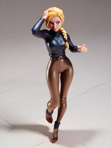 score_9, score_8_up, score_7_up, 1girl, on hand on head, sexy pose, full body, (dynamic pose:1.1), dynamic angle, simple background, front,
 <lora:HelgaSinclair_character:1>,HelgaXLP, blue eyes, blonde hair, single braid, mole under eye, black turtleneck sweater, belt, brown pants, <lora:Anime_Figure_P1:0.85> figure