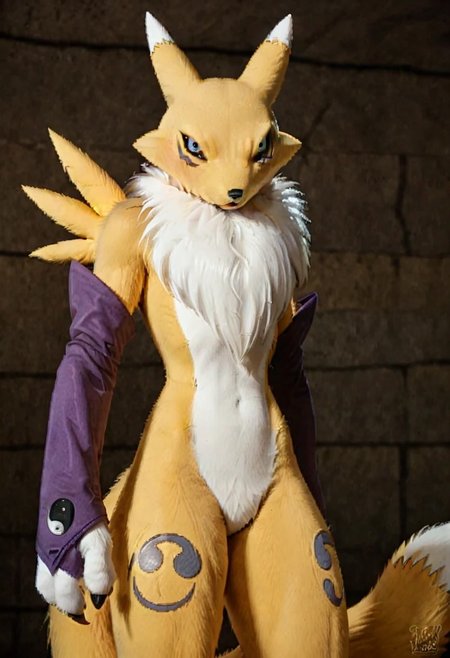 score_9, score_8_up, score_7_up, score_6_up, score_5_up, score_4_up, BREAK, solo, 1girl, renamon, anthro, furry, furry female, furry body, detailed fur, realistic fur, yellow fur, blue eyes, black sclera, flat chest, thin waist, slender waist, thick thighs, huge thighs, (tail:1.5), dipstick tail, mostly nude, purple bridal gauntlets, no nipples, featureless crotch, action pose, dynamic pose, photorealistic