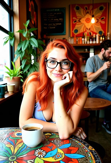 Upper body shot of a stunning 18-year-old woman with ginger hair, bright aqua eyes, light freckles, thick eyebrows, and glasses that give her a nerdy look.

A quaint café with a bohemian vibe, featuring eclectic art on the walls, mismatched furniture, and potted plants. The background shows a barista making coffee, and a chalkboard menu with handwritten specials.Colorful bohemian tapestries hung on the walls, featuring intricate patterns and textures.A custom table with a mosaic art surface, featuring intricate patterns and bright colors.

Sitting with one leg tucked under the other, Close-up of her resting her chin gently on a coffee cup, looking thoughtful with a slight smile.










