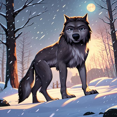 score_7_up, score_6_up, score_5_up, Winston, wolf, feral, outside, full body, looking at viewer,  snowing, moon, WinstonAO
