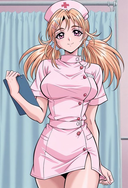 masterpiece, best quality, newest, highres, uncensored, 1girl, yokota mamoru style,1girl,
Yamazaki Kanna，Blonde Hair, Long Hair, Parted to Side, Shoulder-length Hair, Twin Tails, Tareme eyes,pink eyes, Slim
long hair, brown eyes, hat, nurse, smile, nurse cap, holding, looking at viewer, clipboard