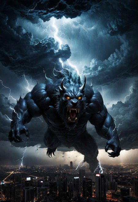 black clouds, rain, lightening, dark, night, ( beast appears from the rolling cloud), The beasts looks down as he towers above the city below,  DEVIL SPAWN