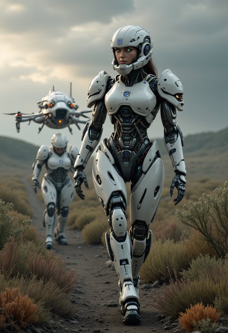 realistic scenery, ultra high quality, very detailed, a gorgeous heavily armored female space marine walks around and observs the area, natural eye color, a drone supports the squad, hostile foreign planet, gloomy clouds, sunrays, strange foreign flora, cowboy shot, Robo, <lora:FluxRoboStyle>