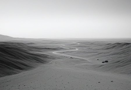 landscape, (black and white, b&w, chrome, monochrome, greyscale, grain), science fiction
