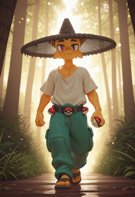 masterpiece, best quality, absurdres, highres, high quality, highly detailed, official art, gloss_(hotglossed), Hoovesart, pixelsketcher, 3d, stylized realism, (bokeh:1.1), no lineart, dense alpine forest, 
1male, solo, detailed face, net hat, loose shirt, baggy lounging pants, sandals, pokeballs attached to belt, holding pokeball, walking towards viewer, soft lighting on male, rim lighting, wide hat