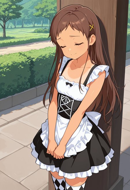 masterpiece,high quality details,
outdoors, 
 <lora:Sayama_Chie:0.8> chie_cnr, 1girl, brown hair, long hair,yellow eyes, tan, tanlines, hairclip,, closed eyes,sad smile,, maid apron,bustier,pants,,argyle legwear thighhighs,