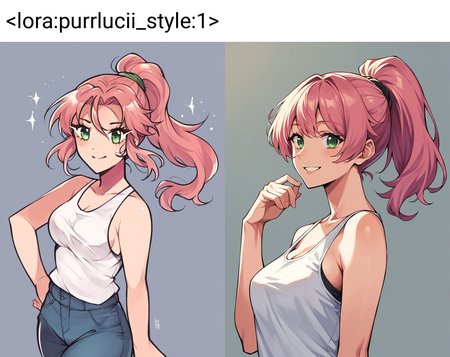 score_9, score_8_up, score_7_up, score_6_up, score_5_up, score_4_up, BREAK source_anime,
1girl, medium breasts, pink hair, medium hair, ponytail, green eyes, smile, tank top, cowboy shot
 <lora:purrlucii_style:1>