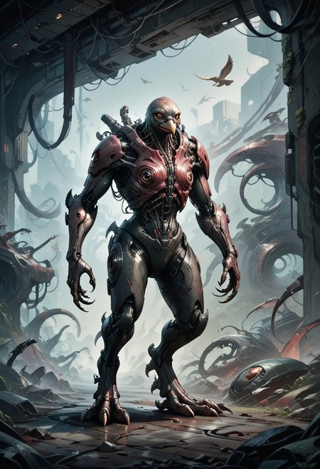 score_9, score_8_up, score_7_up, score_6_up, score_5_up, biomechanical, fleshmutant, anthro, full body, standing, digitigrade, bird, beak, talons, science fiction, mechanical parts
