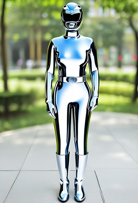 chrome statue of bald female yellow-power-ranger, alone, morphed, chrome helmet, chrome catsuit, chrome turtleneck collar, chrome gloves belt boots holster, entirely made of chrome, standing square-on, in urban park, arms slightly-outstretched, full body photo, hyperdetailed photography