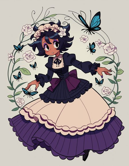 zPDXL, score_9, score_8_up, score_7_up, source_anime, 1girl, solo, absurdres, 4k, <lora:anapijama:0.8> anapijama
short hair, black eyes, messy hair, purple eyeshadow, tan, bug, beetle, black hair, 
lower eyelashes, upper eyelashes, eyeliner, Gothic Frilled dress, long skirt, Headdress, bowknot, hair ornament, off-white flower, black fishnet_pantyhose, garter straps, Lace, cross-laced footwear, frilled blouse, ribbon-trimmed sleeves, puffy sleeves, , Panniers, tulle  +++ Vampirefs Secret Gathering Place