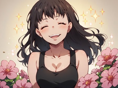 score_9, score_8_up, score_7_up, score_6_up, score_5_up, <lora:fforceXLP:1> fforce, 1girl, solo, closed eyes, open mouth, flower, smile, black hair, cleavage, breasts, blush, tank top, long hair, sparkle, black tank top, upper body, bangs, brown hair