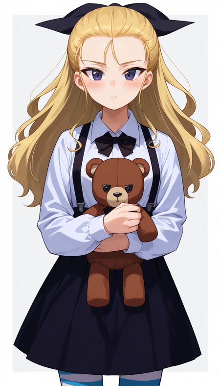 score_9, score_8_up, score_7_up, source_anime, ,
1girl, long hair,, hair pulled back, blonde hair, hair ribbon, blue eyes, black ribbon <lora:Gup Assam 3:1>, 1girl, boko (girls und panzer), striped pantyhose, cosplay, striped clothes, long hair, black bowtie, white shirt, holding stuffed toy, assam (girls und panzer), stuffed animal, black bow, hair ribbon, teddy bear, high-waist skirt, hair pulled back, black ribbon, blonde hair, suspender skirt, long sleeves, standing, closed mouth, layered skirt, white background, casual, bandages, suspenders, blue eyes, black pantyhose, black skirt, collared shirt, simple background, shimada arisu, looking at viewer, cowboy shot, light frown, black dress, blush, medium skirt