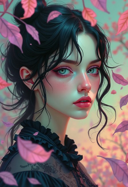 Envision a captivating, long portrait of a goth girl, posing enigmatically amidst a kaleidoscope of pastel leaves, as if plucked from a whimsical autumnal dreamscape. Inspired by the bold, expressive brushstrokes of Van Gogh and the soft, feathery textures of Monet's water lilies, this artwork combines the best of both worlds. The goth girl's porcelain skin and raven tresses are set against a mesmerizing backdrop of swirling leaves in shimmering hues of pale pink, lavender, and mint green, evoking the surreal, otherworldly quality of a fantasy realm. As the leaves dance around her, they seem to take on a life of their own, imbuing the scene with a sense of movement and energy. The overall mood is one of wistful melancholy, as if the goth girl is lost in thought, her eyes gazing into the distance, searching for something just beyond the horizon. The lighting is soft and ethereal, casting a gentle glow over the entire scene, and infusing the colors with a deep, rich luminosity. The result is a portrait that is at once hauntingly beautiful, and deeply, unforgettably compelling.