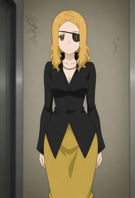 masterpiece, best quality, amazing quality, 1girl, solo,,, shiny skin,,,<lora:Marie_Mjolnir:1>mmjolnir, blonde hair, long hair, brown eyes, right eyepatch,, cleavage, necklace, black dress , gold skirt, long skirt, long sleeves, jewelry,