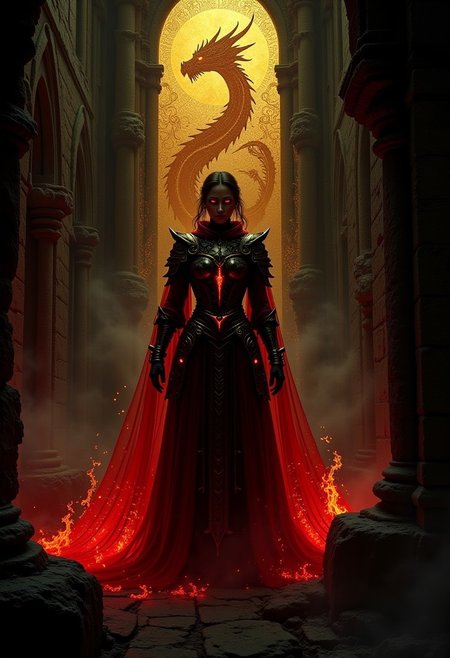 Cinematic style, 
(in gainax style:1.4), (masterpiece, sharp focus:1.2), BREAK (A female spectral dragon paladin emerging from the ruins of an ancient cathedral, their armor glowing with ghostly red flames, depicted in a style with low-key lighting, ethereal glow, decayed stone textures:1.1), BREAK (A vivid gold-painted icon of a dragon saint on an intact section of a wall, illuminated by the faint flickering of spectral lights, set against the backdrop of a crumbling cathedral:1.4), (art by Gainax:1.4), (elaborately detailed attire with extraordinary elements and headdress:1.1), (hyperdetailed:1.1), (intricate details:1.0), (Refined details:1.1), (best quality:1.1), (high resolution:1.2), (very stylish detailed medieval haircut, mesmerizing detailed radiant face, mesmerizing detailed beautiful eyes:1.2)
