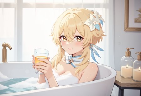 (bubble bath), score_9, score_8_up, score_7_up, source_anime, ultra detailed,  (female focus), 
A picture of a girl sitting in a big bathtub and having a bubble bath. Her body is full of bubble, there bottles of shampoo, towel, bath towel,  looking at viewer with shy and blush. light smile,  from side. holding a glass of magical water, the glass is emitting blue light.
lumine \(genshin impact\). The girl has yellowish white skin, middle blonde hair with long bangs and hair between eyes, she has yellow eyes, wearing feather hair ornament and hair flower, she has tender and slender body with medium breasts and cleavage, bare shoulders and detached collar, 
 , ,<lora:Bubble_Bath_Pony:1>,<lora:genshin-lumine-2024-short-ponyxl-lora-nochekaiser:1>