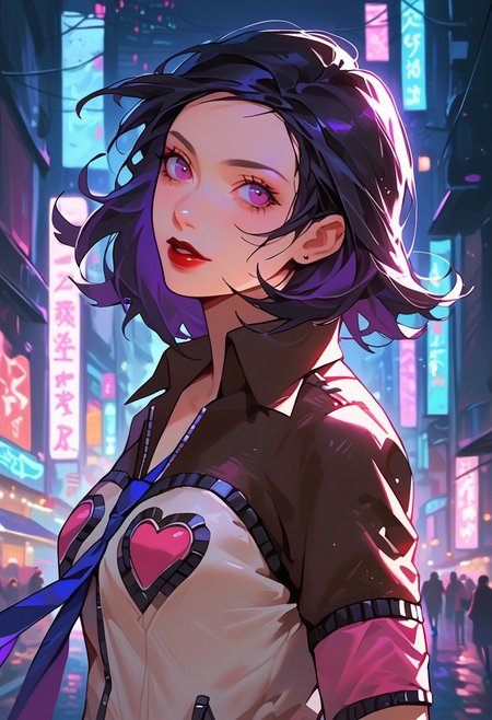 score_9, score_8_up, score_7_up, y0tt4, 1girl, solo,  
mayap2, medium hair, black hair, purple eyes, lipstick, jacket, hearts, blue necktie, (cowboy shot:1.3), neon lights, outdoors, front view,