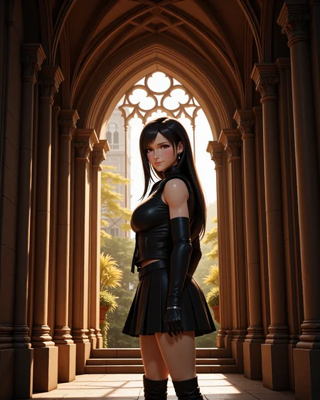 -looking at viewer, outdoors daylight
photorealistic photo of <lora:Final_Fantasy_-_Tifa_v2_000015:1> ff-tifa she has black hair and red eyes, a 20 year old adult mature woman
Highest quality, best quality, masterpiece. cinematic atmosphere. The lighting is soft yet dramatic. The film grain adds a tactile, grainy texture, enhancing the dreamlike quality of the scene.
 Black sleeveless zip-up vest, black skirt with shorts underneath, black gloves, black boots, and a black ribbon tied around her left arm. A woman walks through a misty meadow, the soft ground beneath her feet covered in dew, while the faint chirping of crickets fills the air.