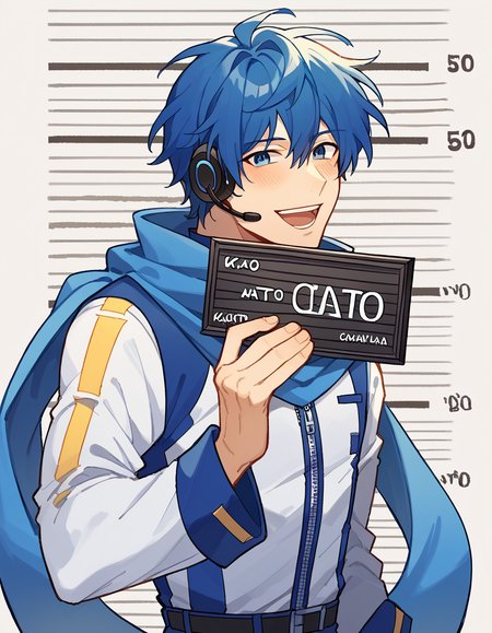 score_9, score_8_up, score_7_up, source_anime, <lora:vocaloid-kaito-ponyxl-lora-nochekaiser:1>, kaito, kaito (vocaloid), blue eyes, blue hair, male focus,, belt, blue pants, blue scarf, blue shirt, coat, headset, microphone, pants, scarf, see-through clothes, zipper, music store, browsing records, headphones, vinyl collection, nostalgic, smile, <lora:ken-mugshot-ponyxl-lora-nochekaiser:1> barbie mugshot, barbie mugshot (meme) height mark, holding sign, nameplate, height chart, sign, meme, smile, open mouth, teeth, blush, cowboy shot, looking at viewer, solo,, dutch angle, cowboy shot
