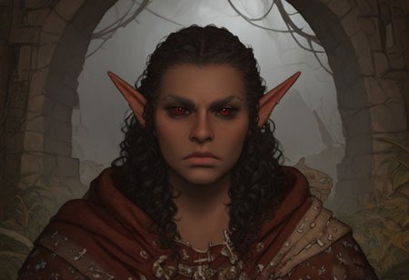 solo, short pointy ears, piercings, random elf face, aquiline features, male dark elf, masculine, beard, weathered skin, large nose, athletic build,  animated realism, zoomed out, Syrian features, torso, brass pipes and gears, intricate architecture, dwarven masonry, dwemer fixtures, white-green light, gloomy lighting, ancient ruins, interior, stone tiled floor, grey-blue skin, mahogany and ivory clothes, medium armor, bone plate armor, ivory straps and fittings, grey wood neckguard, dark red sclera, black pupils, distant mushroom forest, blue-green light, neon, highly detailed, defined features, looking at viewer, three quarters view, from front, dynamic lighting, 36 years old, light and shadows, patterned cloth, annoyed expression, expressive eyes, detailed medieval clothes, cropped hair, wavy hair, thick hair, beaded hair, braided hair, under cut hair, semirealistic, alien elf, spanish features, jewish features, black hair, dark red hair, umber skin, sharp features, pastel green berber print cloak, nighttime, high detail, absurdres, pretty eyes, detailed eyes, red eyes,