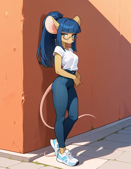 masterpiece, best quality, very aesthetic, absurdres,
outdoors,casual, 
full body, standing, posing, 
seductive smile, parted lips, long eyelashes,
<lora:Dewey_Teagarden_v01_NAIXL:1>
D3w3y,1girl,solo,furry,furry female,mouse girl,mouse ears,long hair,blue hair,high ponytail,sidelocks,blunt bangs,green eyes,semi-rimless eyewear,snout,animal nose,body fur,yellow fur,mouse tail,