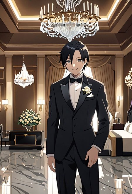 Highres, Masterpiece, High Quality, 4K, 8K, solo, 1Boy, Takaki Toono, adult, black hair, short hair, ballroom, luxury hotel, luxury room, marble floor, crystal chandelier, classic ornaments, tuxedo, smile, musterius, classy, confident, rich, easynegative, detailed_eye_model