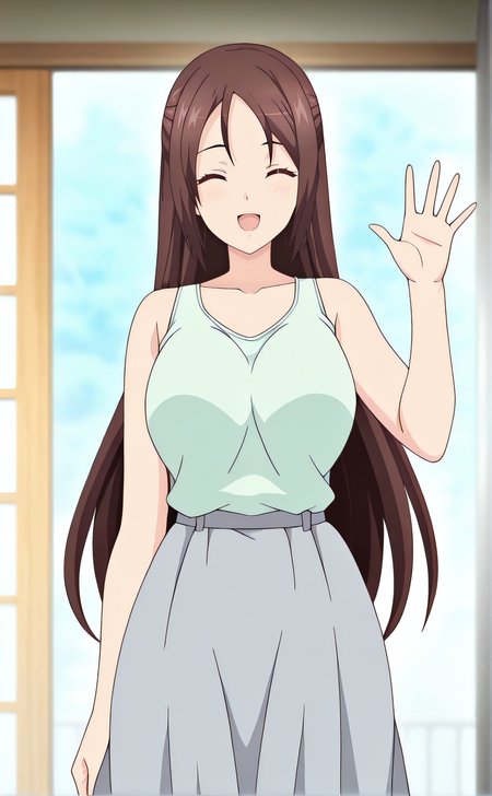masterpiece, best quality, highres, newest, 1girl, solo, official style, anime screencap, <lora:IL_Okinaka_Yurina:1>, yurina, brown hair, long hair, closed eyes, large breasts, light green tank top, grey skirt, long skirt, cowboy shot, hand up, greetings, smile, open mouth, facing viewer, five fingers