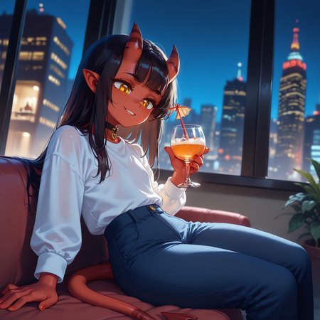 score_9, score_8_up score_7_up, score_6, BREAK masterpiece, high quality, perfecteyes, detailed background, depth of field, SkinDetail, cinematic lighting, shading, meruccubus, 1girl, 2d, red tail, horns, demon tail, long hair, black hair, choker, yellow_eyes, freckles, colored skin, red skin, demon_girl, flat chest, black outline, looking outside window, bottle, relaxing, holding glass cocktail, focus solo, on side, sitting window bench, long sleeves, white shirt, blue pants, shirt, indoors, building, interior, night sky, moon, city lights, city background, city theme, huge glass windows, smile