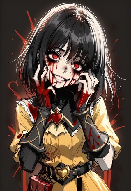 score_9, score_8_up, score_7_up, 
deep skin, skindentation, highres, highly detailed, high resolution, high quality, highres,
source_anime, anime screencap, saturation, vivid colors, 
1girl, solo, cowboy shot, 
black hair, red eyes, medium hair, (messy hair:0.8), bags under eyes,
(yellow steampunk dress:1.1), (magical girl dress:1.1), (brown shorts:1.2), roll out shorts, black tights, long black sleeves, utility belt,
gesugao, (blood on face, blood on body, excessive blood, bloodied hands:1.2), hands on cheek, (looking at viewer:1.2),
red sketch, (black background:1.2)