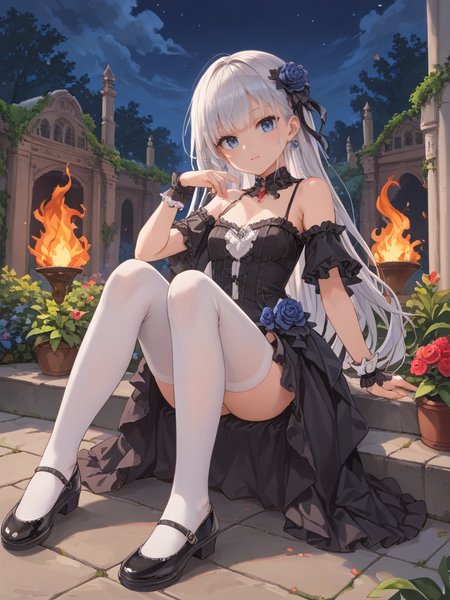 (score_9), score_8_up, highres, 1girl, anime,  elegant gothic dress, garden, sitting, dynamic pose, ((fire)), evening, night,
<lora:Cotton_v2:0.8> cotton tights, white legwear, black mary janes,, <lora:sd_xl_dpo_turbo_lora_v1-128dim:1>